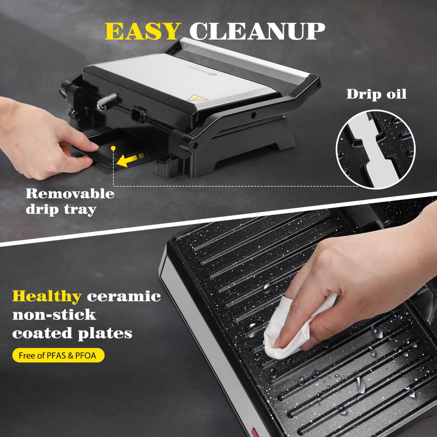 Aigostar Panini Press, 1200W Sandwich Maker and Electric Indoor Grill with Ceramic Non-Stick Coated Plates, Opens 180°to Fit Any Size of Food, Stainless Steel Surface & Removable Drip Tray, Silver