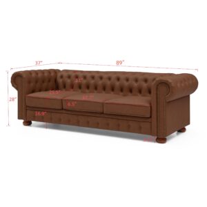 N NOORDENIYA Chesterfield Sofa, 89 "Faux Leather Couch Upholstered Sofa with Low Back, Roll Arm Nailhead Trim Classic 3 Seater Sofa for Living Room, Home Furniture (Brown)