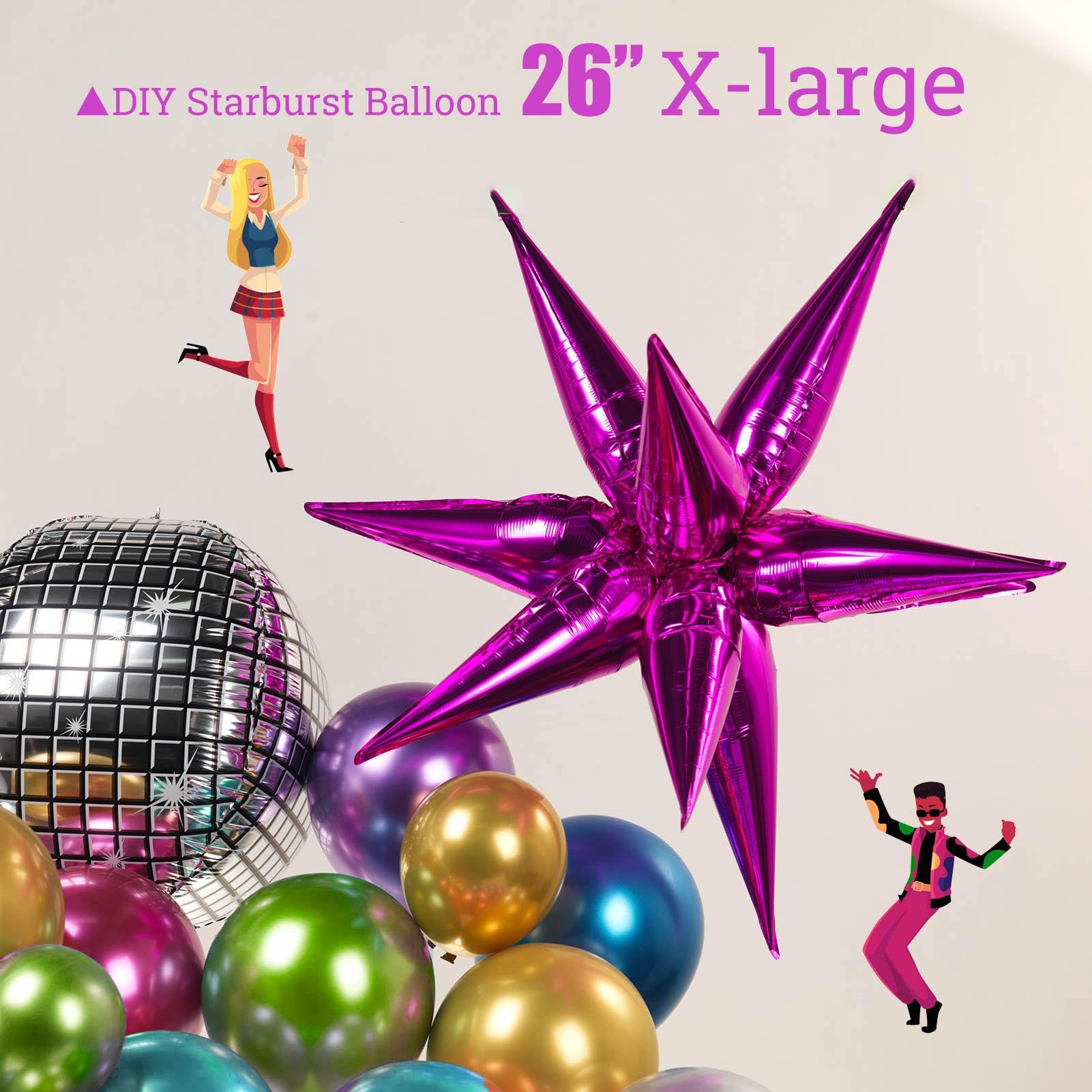 Metallic Balloon garland kit 150PCS Hot Pink Purple Green Blue Silver Gold Latex starburst 80s 90s Disco ball Party Balloons for Birthday Graduation last bachelorette Decoration new year eve supplies