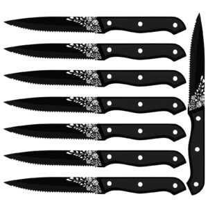 euirio 8-pieces steak knives,matte black steak knives set of 8,stainless steel serrated steak knives,full tang triple-riveted dinner knives with laser pattern,dishwasher safe for kitchen restaurant