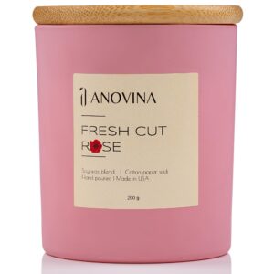 Anovina Soy Blend Rose Scented Candle with Gift Box. Non Toxic Candles for Home Rose Candle Gifts for Women, Glass Jar with Bamboo Lid. Smell The Freshly Cut Roses