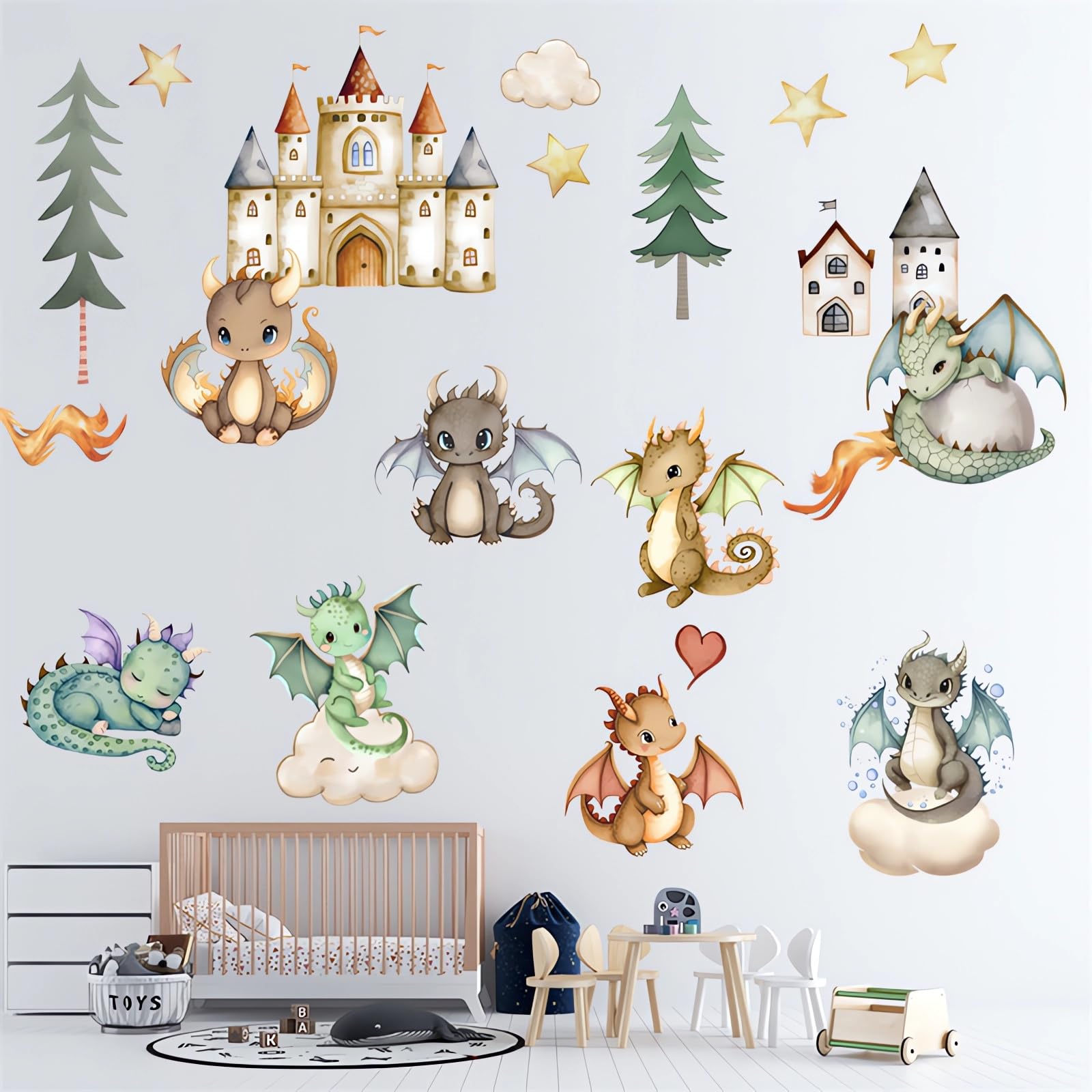 Cute Dinosaur Cub Wall Stickers, sacinora Baby Dinosaurs Cartoon Castle Animals DIY Wall Decals Removable Vinyl Peel and Stick for Boy Kids Nursery Living Room Bedroom Children's Room Art Decorations