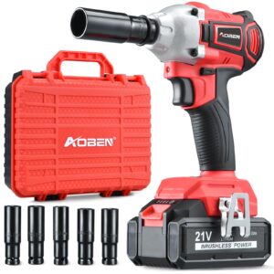 aoben cordless impact wrench 1/2 inch,21v 300n.m brushless impact gun with 4.0ah battery, charger & 6 sockets,electric impact wrench for car home