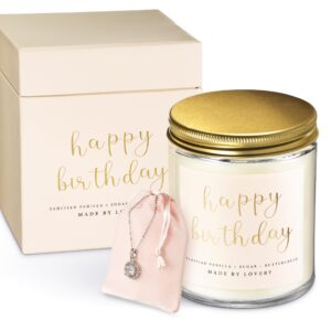 birthday gifts for women, mom birthday gifts, luxury soy candle with sterling silver cz halo necklace & jewelry pouch - happy birthday candles, vanilla birthday cake scent, unique birthday gifts set