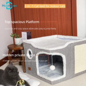 Heerduos Cat Bed for Indoor Cats,Covered Cat Cave House & Furniture with Scratch Pad,Foldable Cat Hideaway Hut Cute Cat Condo with Soft Washable Mat for Multi Small Pet Under 30 lbs,Light Grey