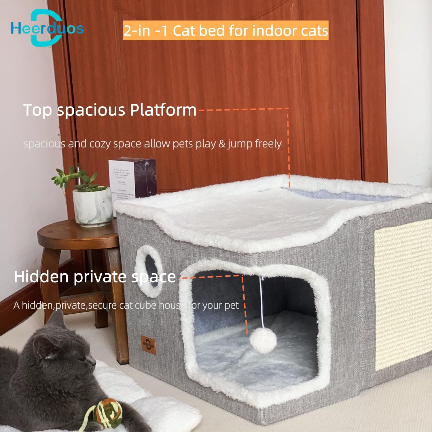 Heerduos Cat Bed for Indoor Cats,Covered Cat Cave House & Furniture with Scratch Pad,Foldable Cat Hideaway Hut Cute Cat Condo with Soft Washable Mat for Multi Small Pet Under 30 lbs,Light Grey