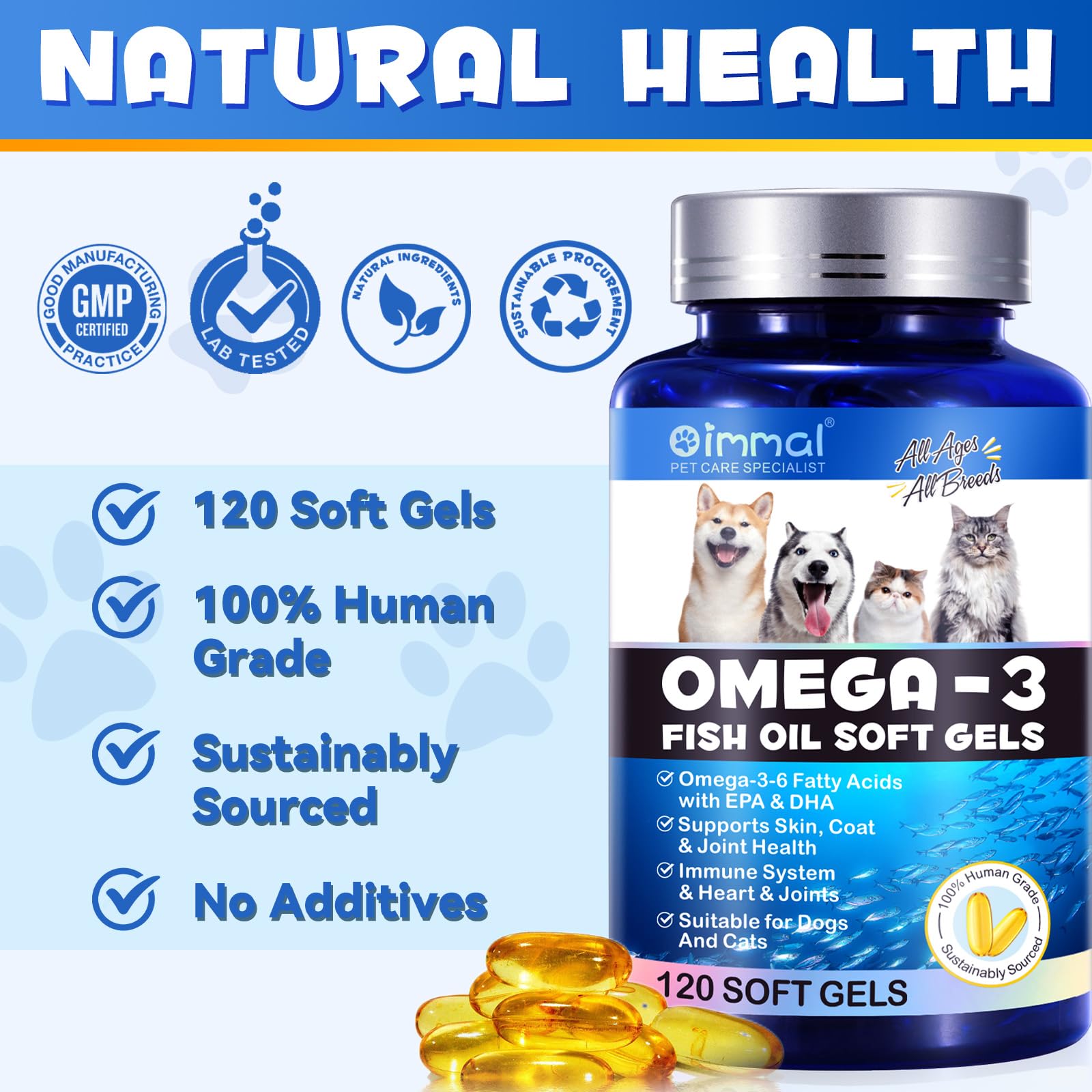 Omega-3 Pet, Salmon Oil Soft Gels for Dogs and Cats (120pcs)- Skin and Coat Health Supplement with EPA & DHA Fatty Acids, Omega-3 Fish Oil Pills Treats for Pet Shedding, Skin Allergy, Itch Relief