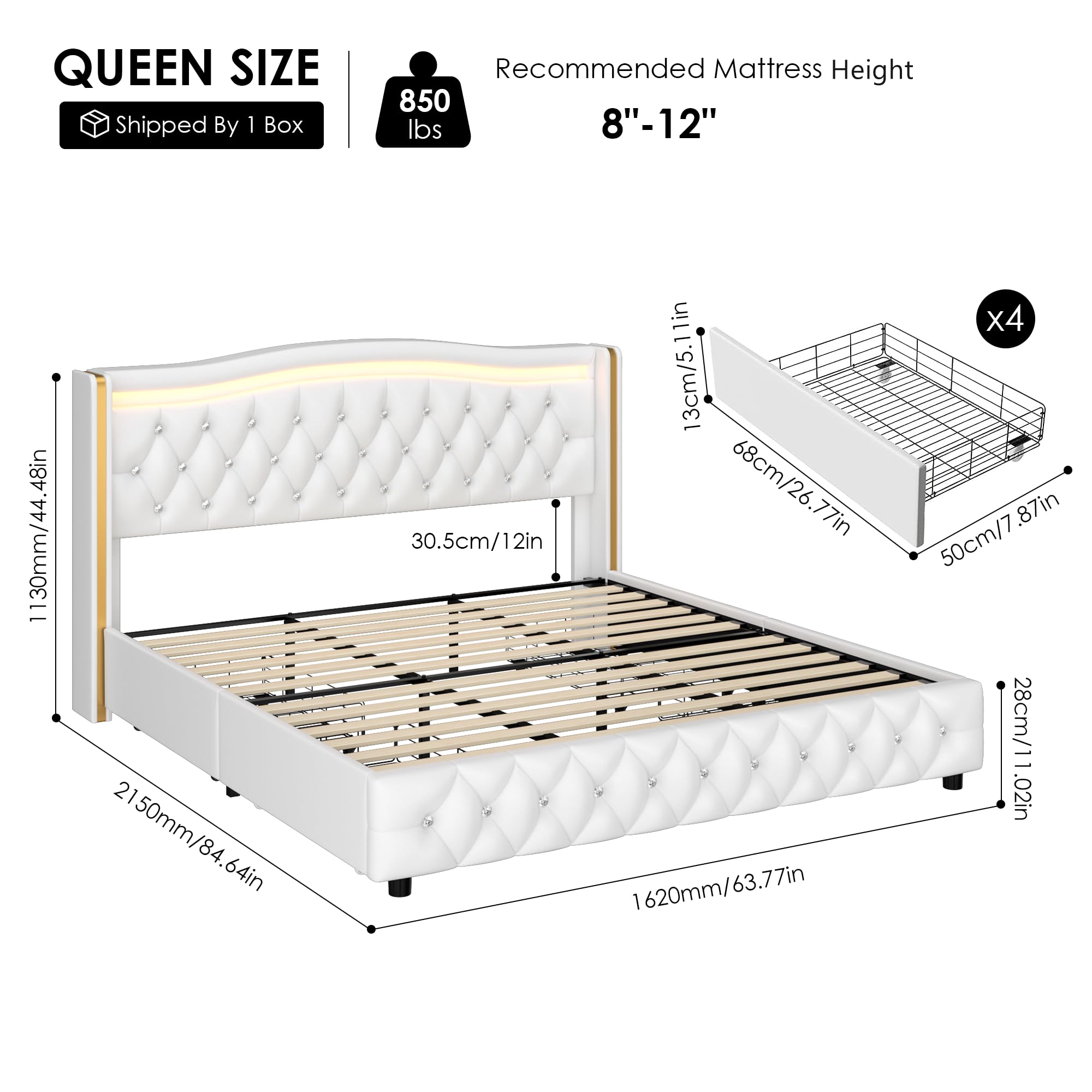 HIFIT Queen Smart LED Platform Bed Frame with 4 Storage Drawers, Crystal Button-Tufted & Stainless Gold Trim Wingback Headboard/Modern PU Upholstered White /No Box Spring Needed/Easy Assembly