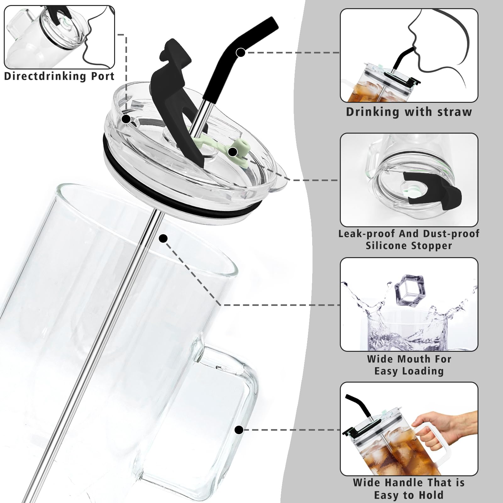 AiHeart Glass Tumbler with Lid and Straws,40oz Large Capacity Glass Cup with Handle,Drinking Glasses with Silicone Coaster,Glass Water Cup,Smoothie Cup,Beer Cup,Ice Coffee Cup,Fits In Cup Holder