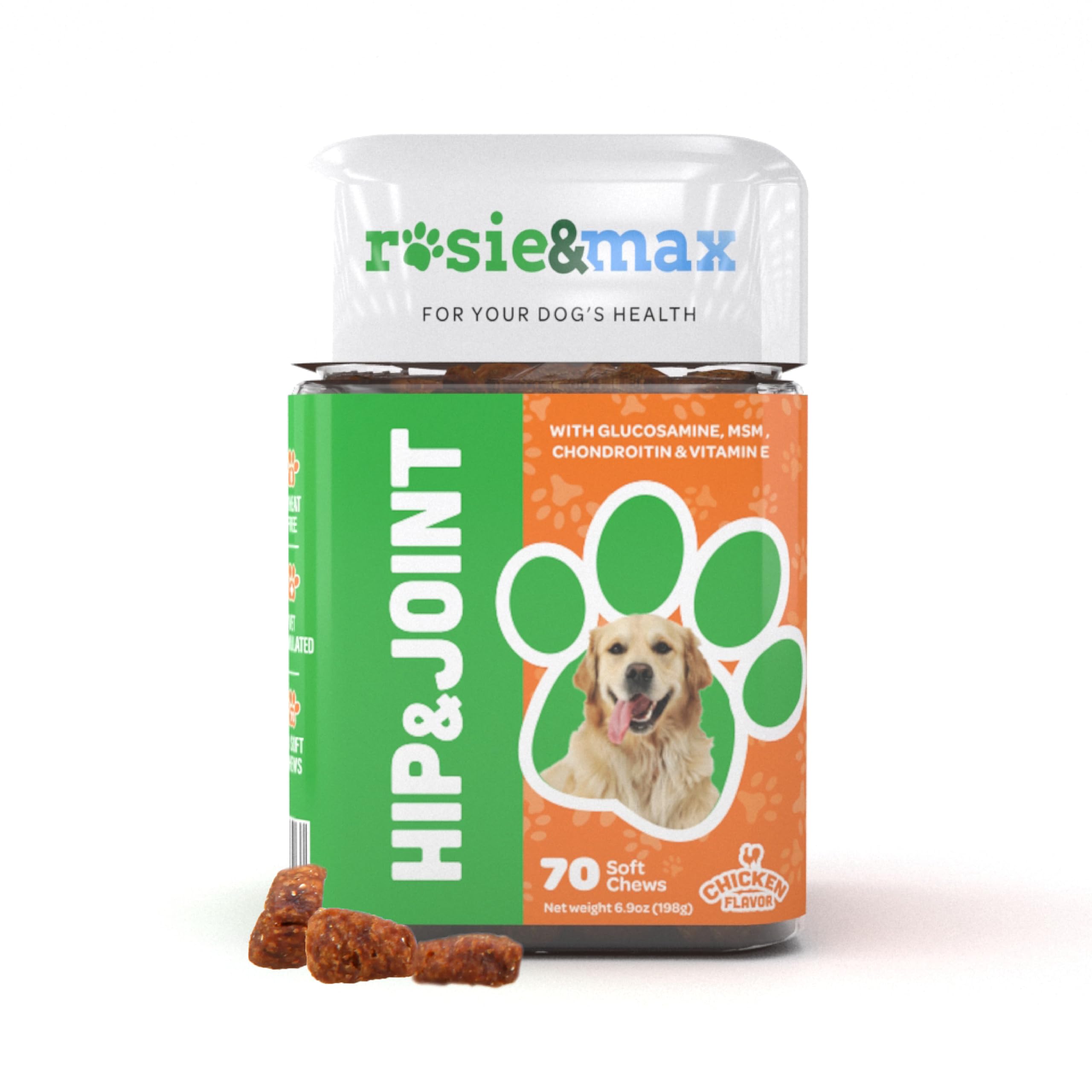 ROSIE & MAX Hip and Joint Supplement Chews for Dogs, Glucosamine and MSM Canine Joint Support, Joint Health Support for Small, Medium, and Large Breeds, 70 Chews