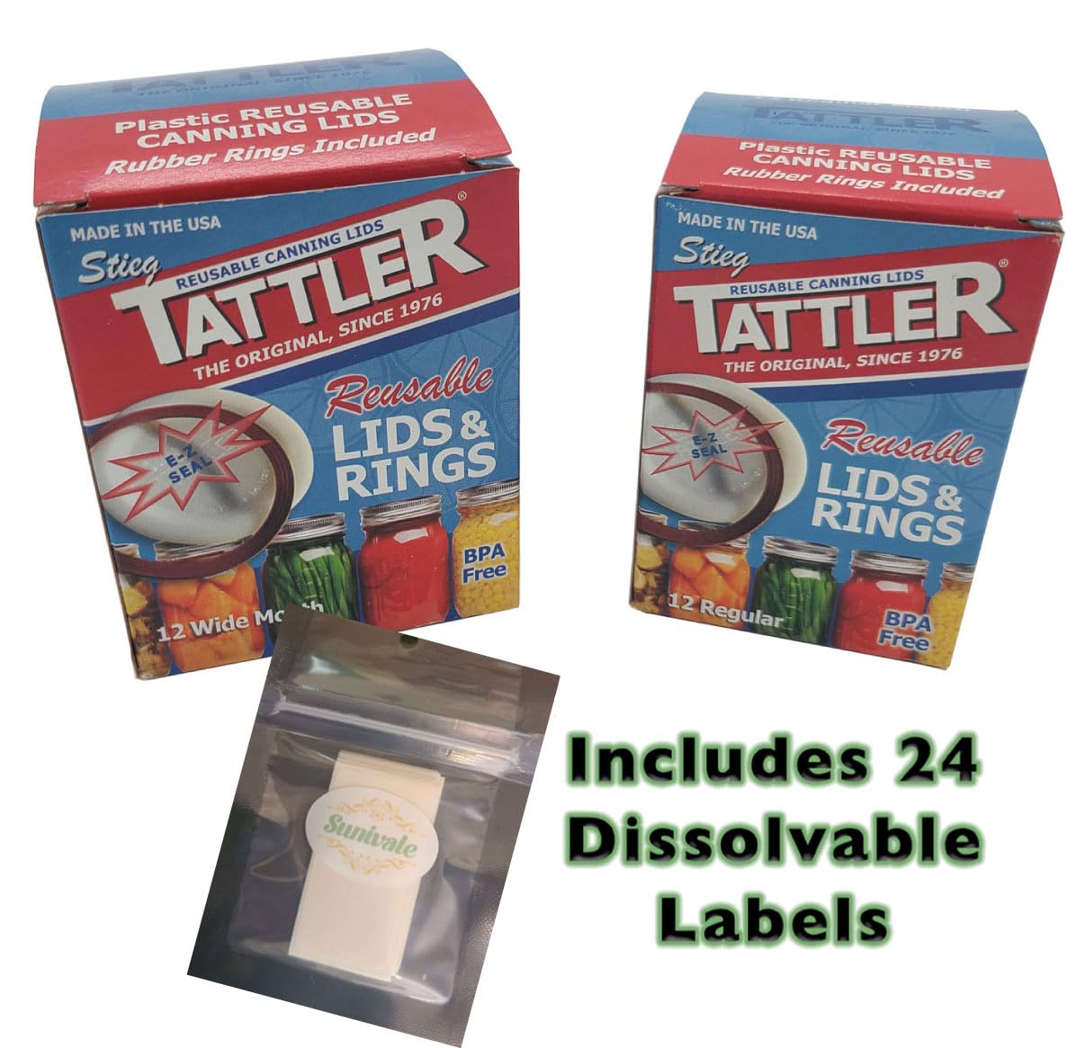 Reusable Canning Lids Bundle Includes 12 Wide and 12 Regular Mouth Tattler Lids and Rings and 24 Dissolvable Sunivale Jar Labels For Use With Hot Water Bath and Pressure Canning Methods Made in USA