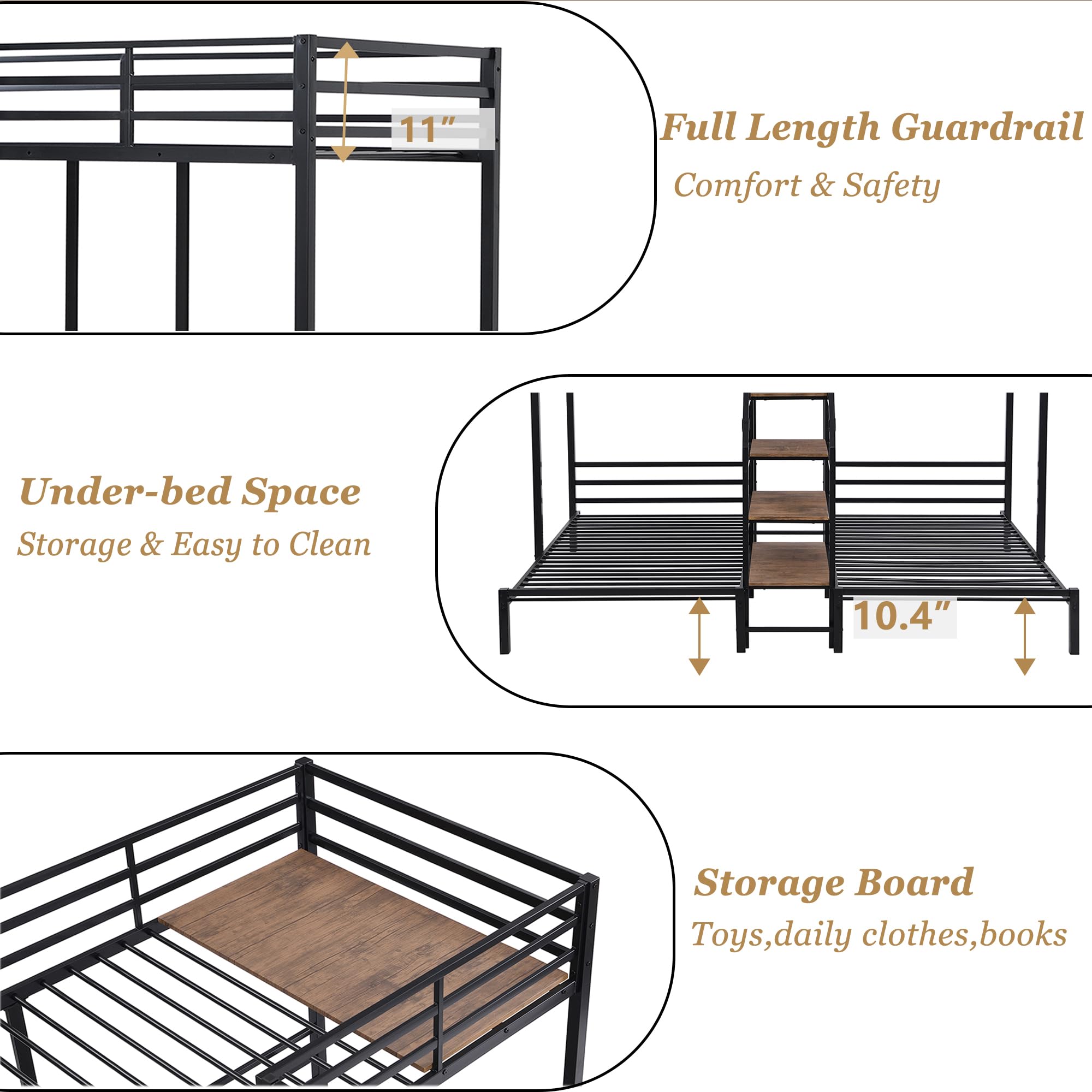 Bellemave Metal Triple Bunk Bed for 3,Twin Over Twin&Twin Size Bunk Beds with Storage Shelves Staircase,Sturdy Dorm Bed Frame for Kids/Teens/Adults,Black