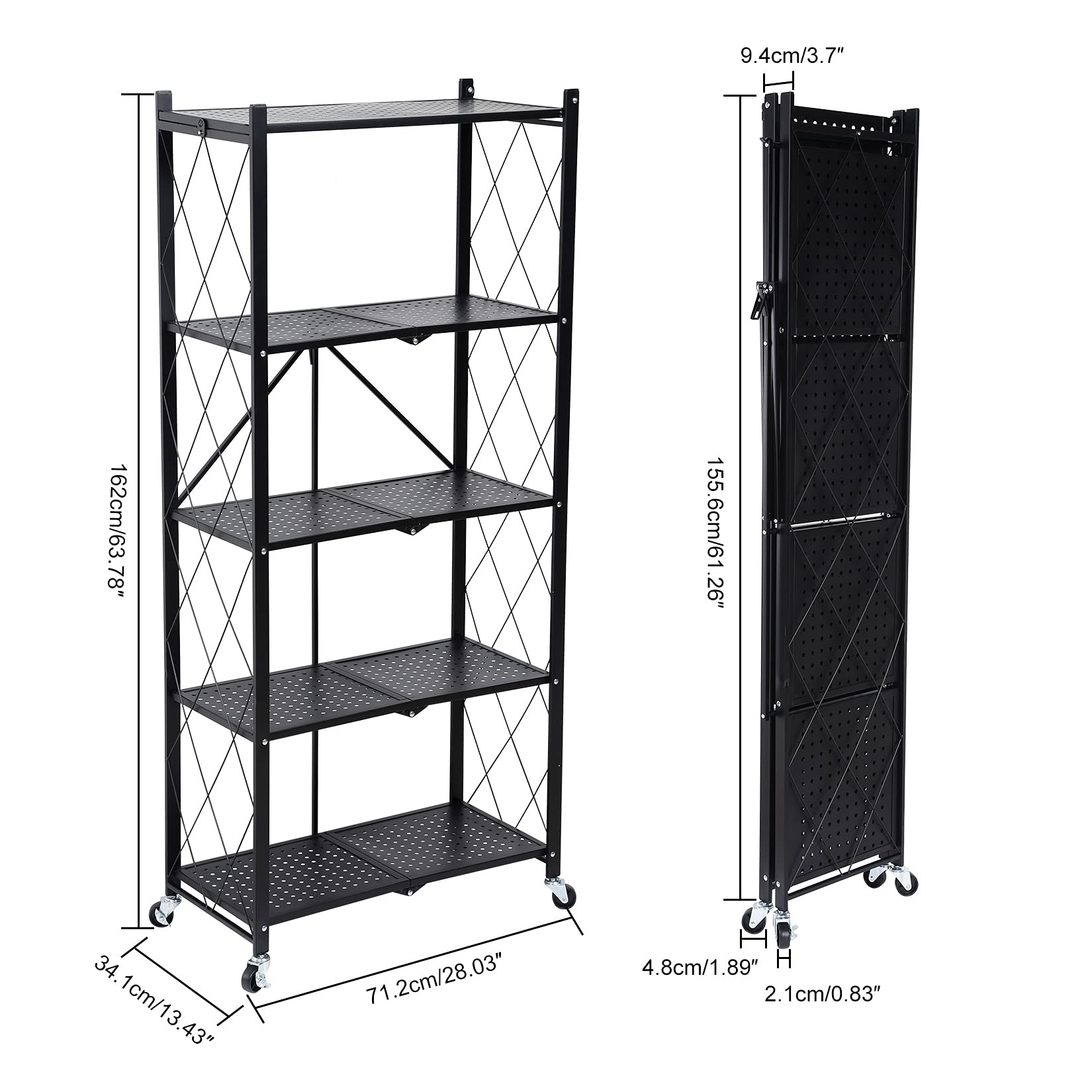 Simple Deluxe HealSmart 5-Tier Heavy Duty Foldable Metal Rack Storage Shelving Unit with Wheels Moving Easily Organizer Shelves Great for Garage Kitchen Holds up to 1250 lbs Capacity, Black,2 Pack