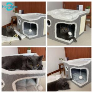 Heerduos Cat Bed for Indoor Cats,Covered Cat Cave House & Furniture with Scratch Pad,Foldable Cat Hideaway Hut Cute Cat Condo with Soft Washable Mat for Multi Small Pet Under 30 lbs,Light Grey