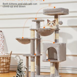 Taoqimiao Cat Tree, 39.4-Inch Cat Tower for Indoor Cats,Suitable for Kittens,Plush Cat Condo with 5 Scratching Posts, Plush Perch,2 Hammock,Pompoms, MS019W Light Gray