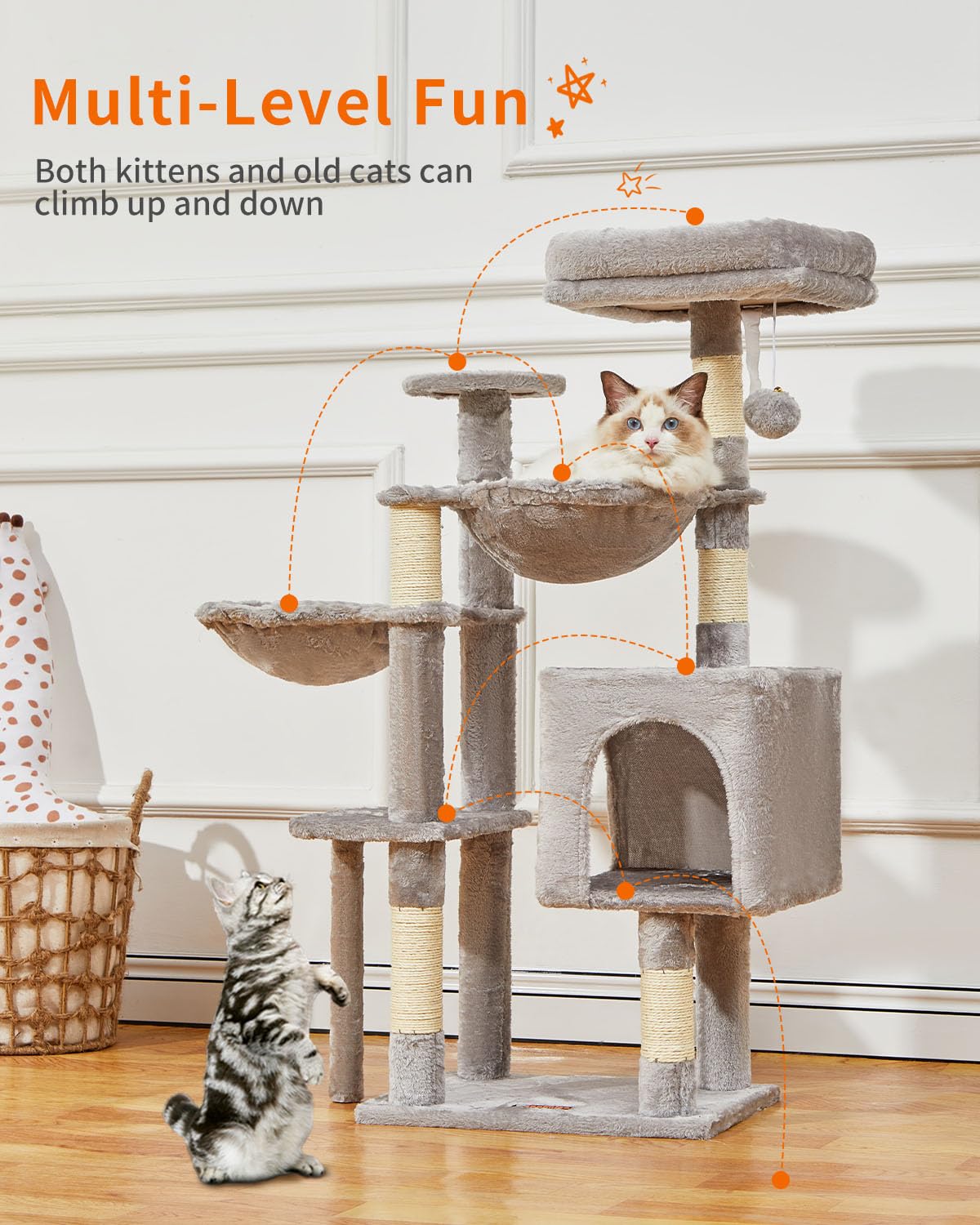 Taoqimiao Cat Tree, 39.4-Inch Cat Tower for Indoor Cats,Suitable for Kittens,Plush Cat Condo with 5 Scratching Posts, Plush Perch,2 Hammock,Pompoms, MS019W Light Gray