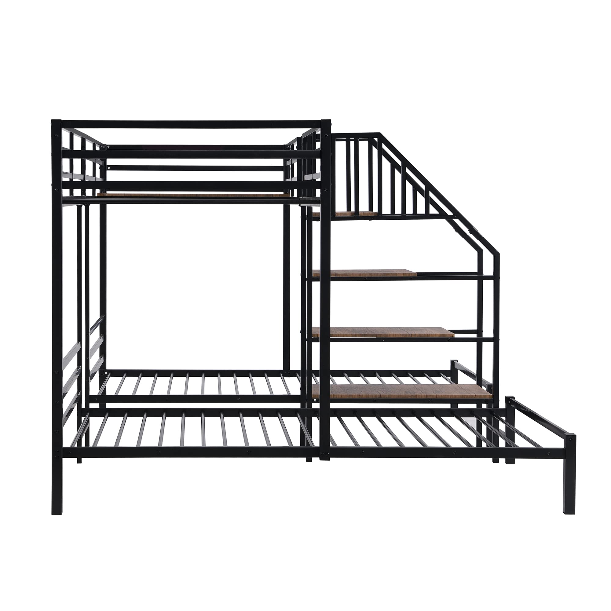 Bellemave Metal Triple Bunk Bed for 3,Twin Over Twin&Twin Size Bunk Beds with Storage Shelves Staircase,Sturdy Dorm Bed Frame for Kids/Teens/Adults,Black