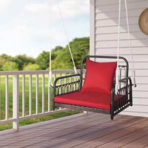 HAPPYGRILL Hanging Porch Swing, Single Person Outdoor Hanging Seat w/Back Cushion & Seat Cushion, Ropes, Porch PE Wicker Swing, Perfect for Garden, Deck, 400 lbs Capacity