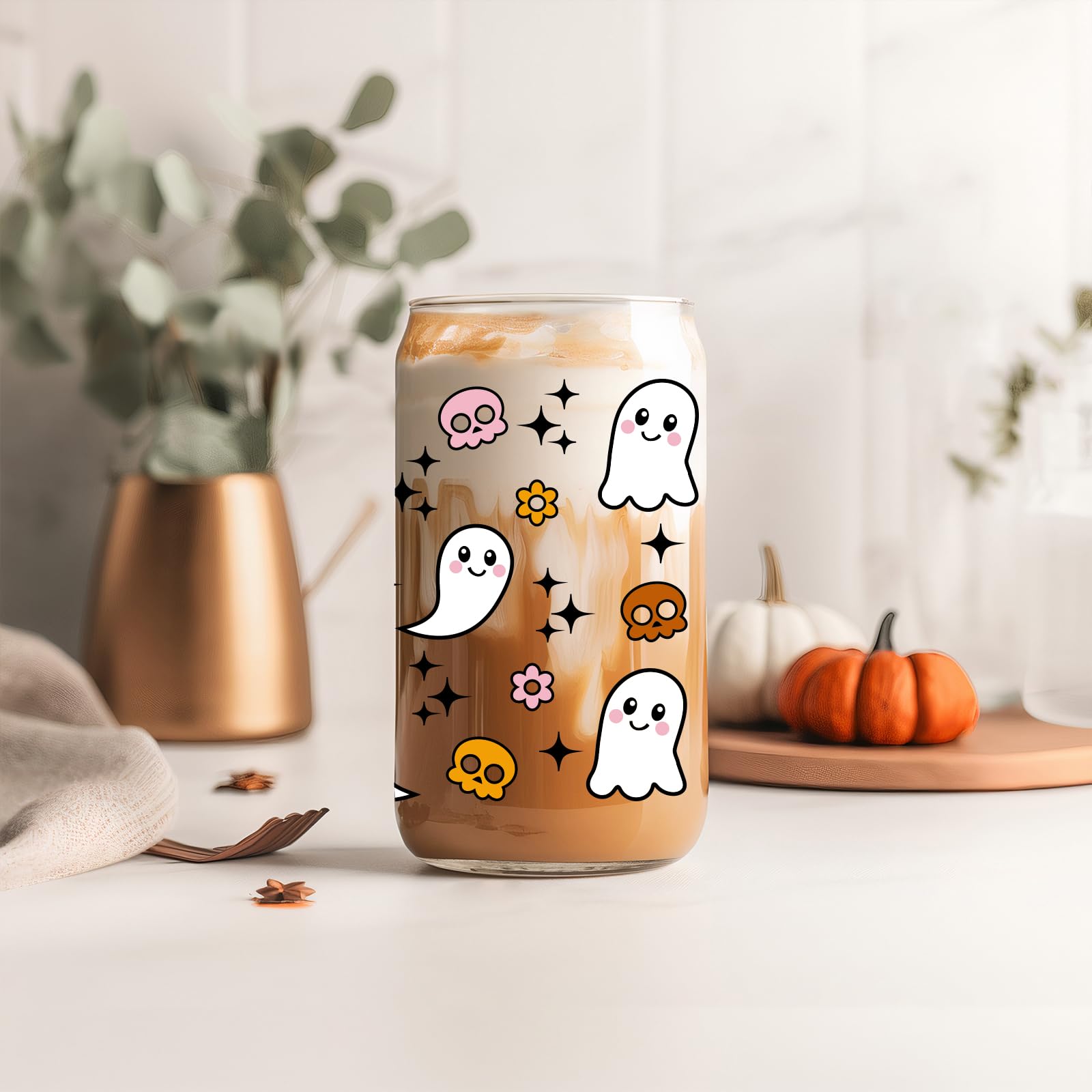 Fairy's Gift Halloween Spooky Cup, Cute Ghost Glass Cup with Lid and Straw, Spooky Babe & Ghost Skulls Halloween Cup, Spooky Ice Coffee Cup - Halloween Gifts, Spooky Gifts for Women, Teens, Her