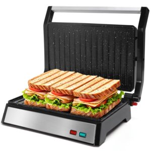 aigostar panini press, 1200w sandwich maker and electric indoor grill with ceramic non-stick coated plates, opens 180°to fit any size of food, stainless steel surface & removable drip tray, silver