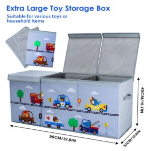 Extra Large Toy Box Chest with Flip Lid for Kids, Collapsible Oxford Toy Storage Box with Handles for Boys, Sturdy Waterproof Toy Box for Bedroom Playroom, 37.7×12.5×15.7 Inch (Animal Cars)