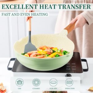 Nonstick Wok Pan with Lid, 12 Inch Non Stick Wok Stir Fry Pan with Ergonomic Handle and Unique Cover Beads, 100% APEO and PFOA Free Suit for Gas, Electric, Induction & Ceramic Stoves,Green