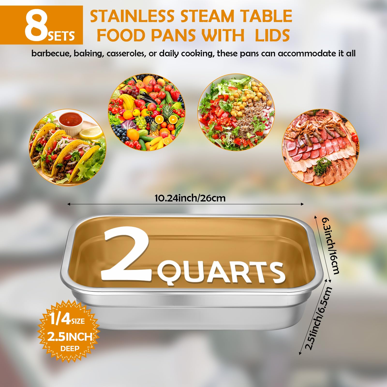 Suttmin 8 Pcs Hotel Pan with PP Plastic Lid Steam Table Pan Stainless Steel Restaurant Pans 1/4 Size Catering Pans Food Prep Pan Restaurant Anti Clogging Steamer for Buffet Hotel (2.5 Inch Deep)