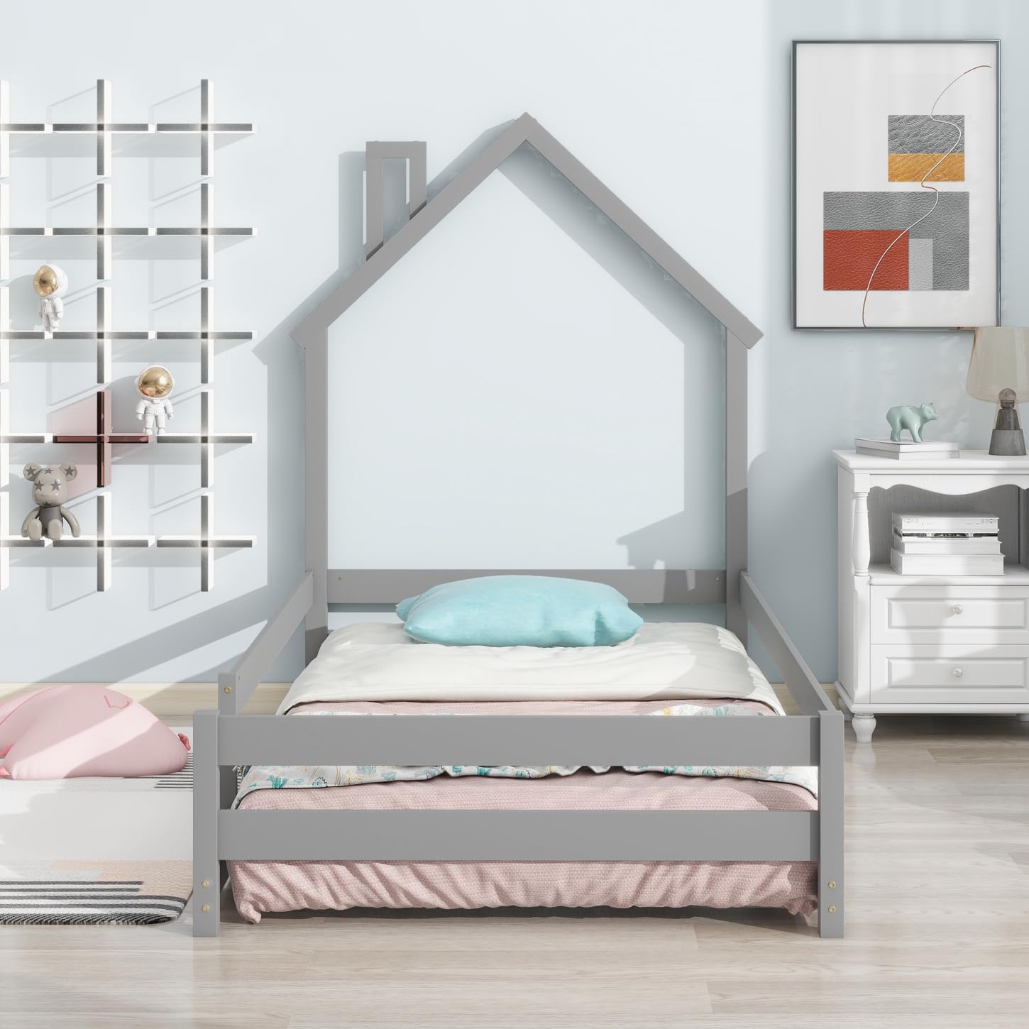 Twin Size Floor Bed Wooden Montessori Floor Bed with House-Shaped Headboard and Fence Guardrails Twin Bed Frame for Girls and Boys, No Weight Limit, Gray