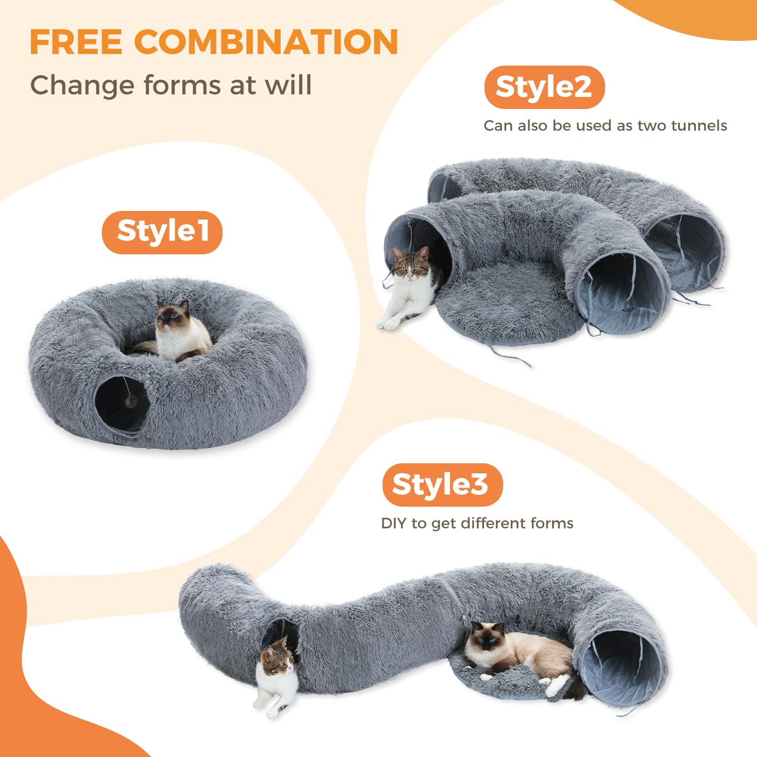 PAWZ Road Large Cat Tunnel, Cat Tunnel Bed with Central Soft Mat and Dangling Balls, Collapsible Fluffy Plush Cat Tube (9.8 Inches in Diameter) for Indoor Cats, Rabbits and Puppies