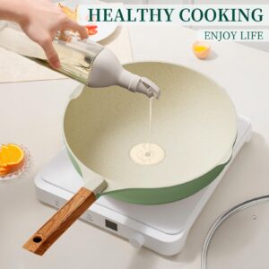 Nonstick Wok Pan with Lid, 12 Inch Non Stick Wok Stir Fry Pan with Ergonomic Handle and Unique Cover Beads, 100% APEO and PFOA Free Suit for Gas, Electric, Induction & Ceramic Stoves,Green