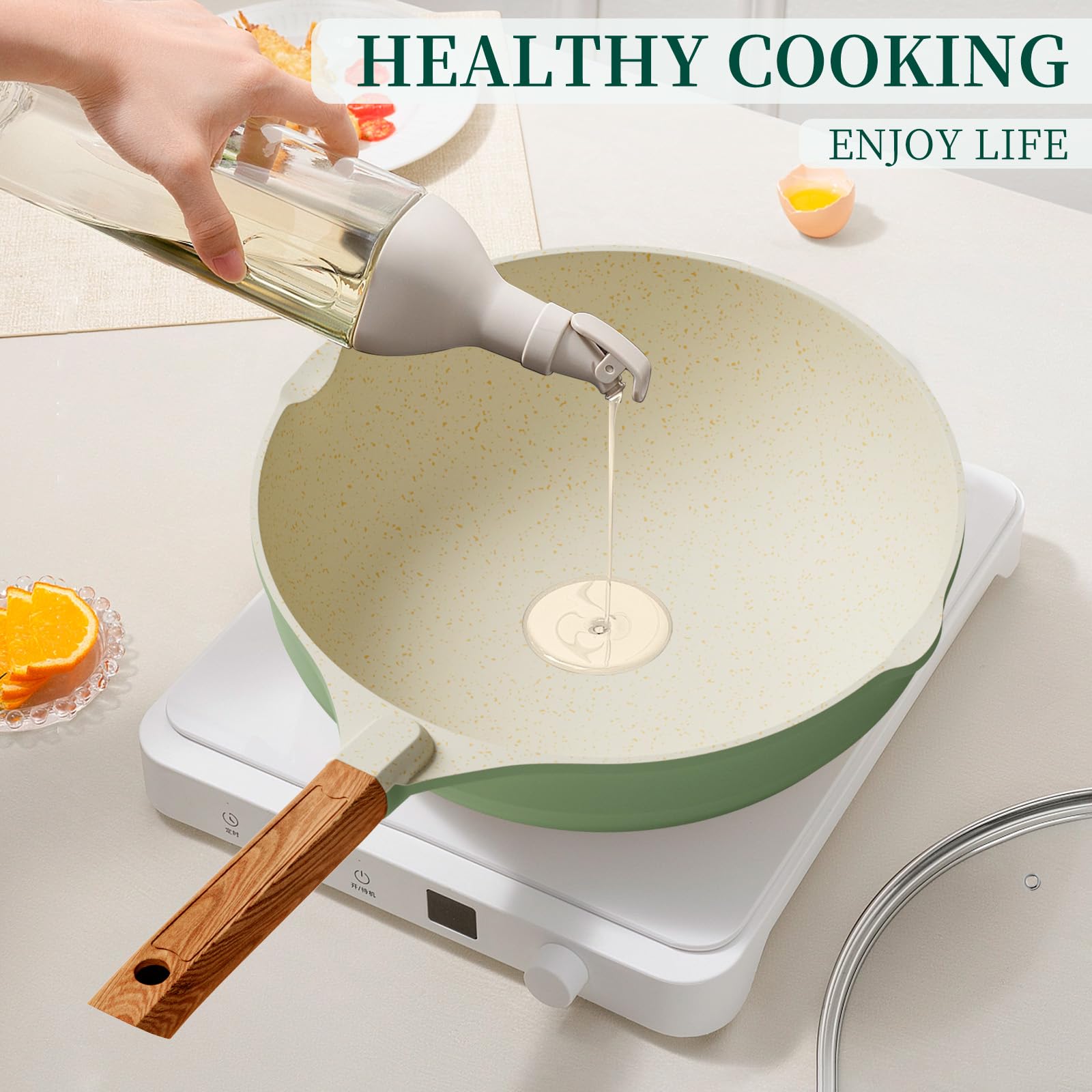 Nonstick Wok Pan with Lid, 12 Inch Non Stick Wok Stir Fry Pan with Ergonomic Handle and Unique Cover Beads, 100% APEO and PFOA Free Suit for Gas, Electric, Induction & Ceramic Stoves,Green