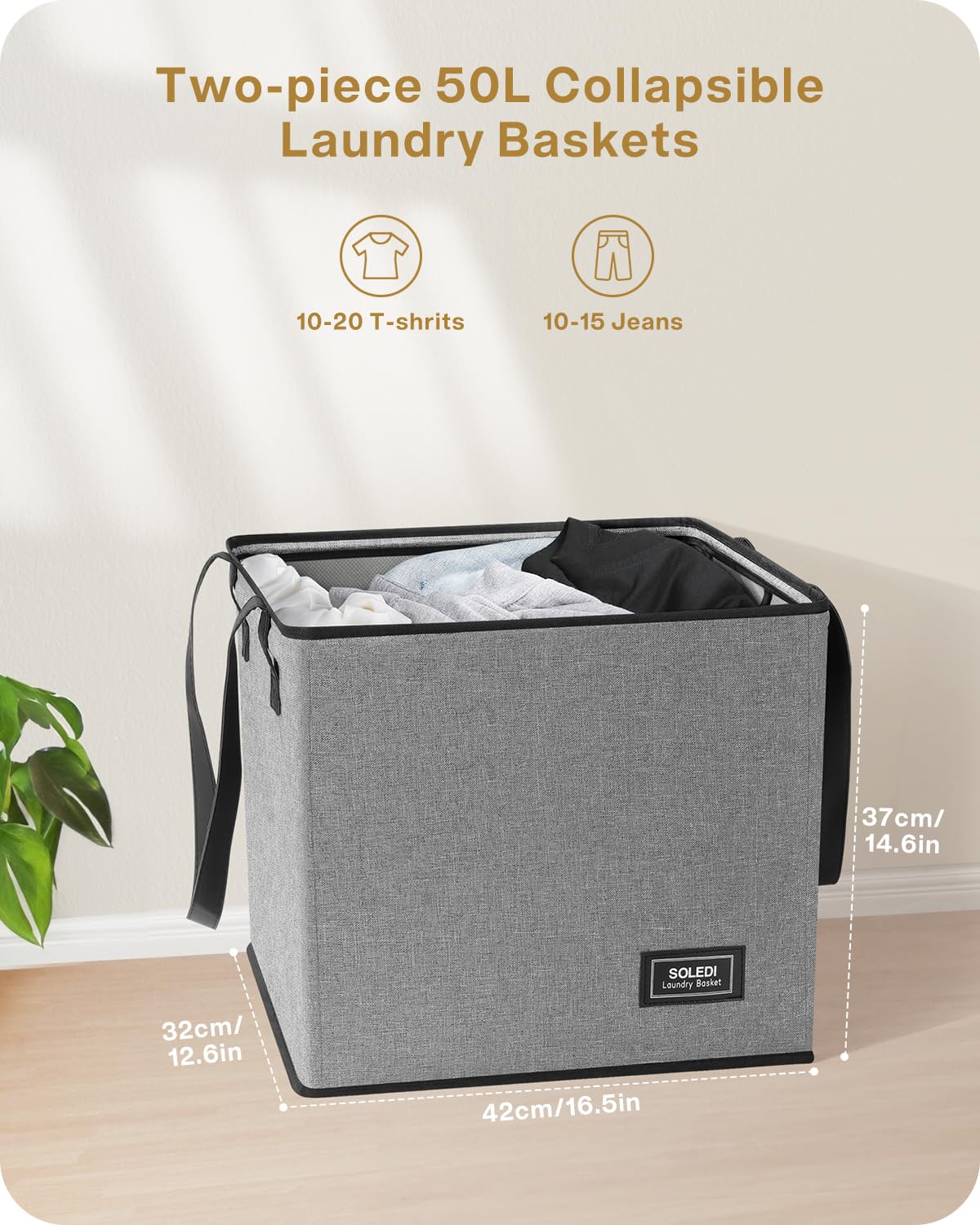 SOLEDI Collapsible Laundry Baskets, 2-Pack 50L (13 Gal) Collapsible Laundry Tote with Extended Easy Carry Handle, Sturdy Iron Wire Frame, Freestanding Clothes Basket for Bathroom, Bedroom, Dorm. Grey