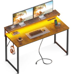 aodk computer desk, 48 inch gaming desk with led lights and power outlet, office desk with adjustable monitor shelf (3 heights), computer table work desk for home/bedroom, rustic brown