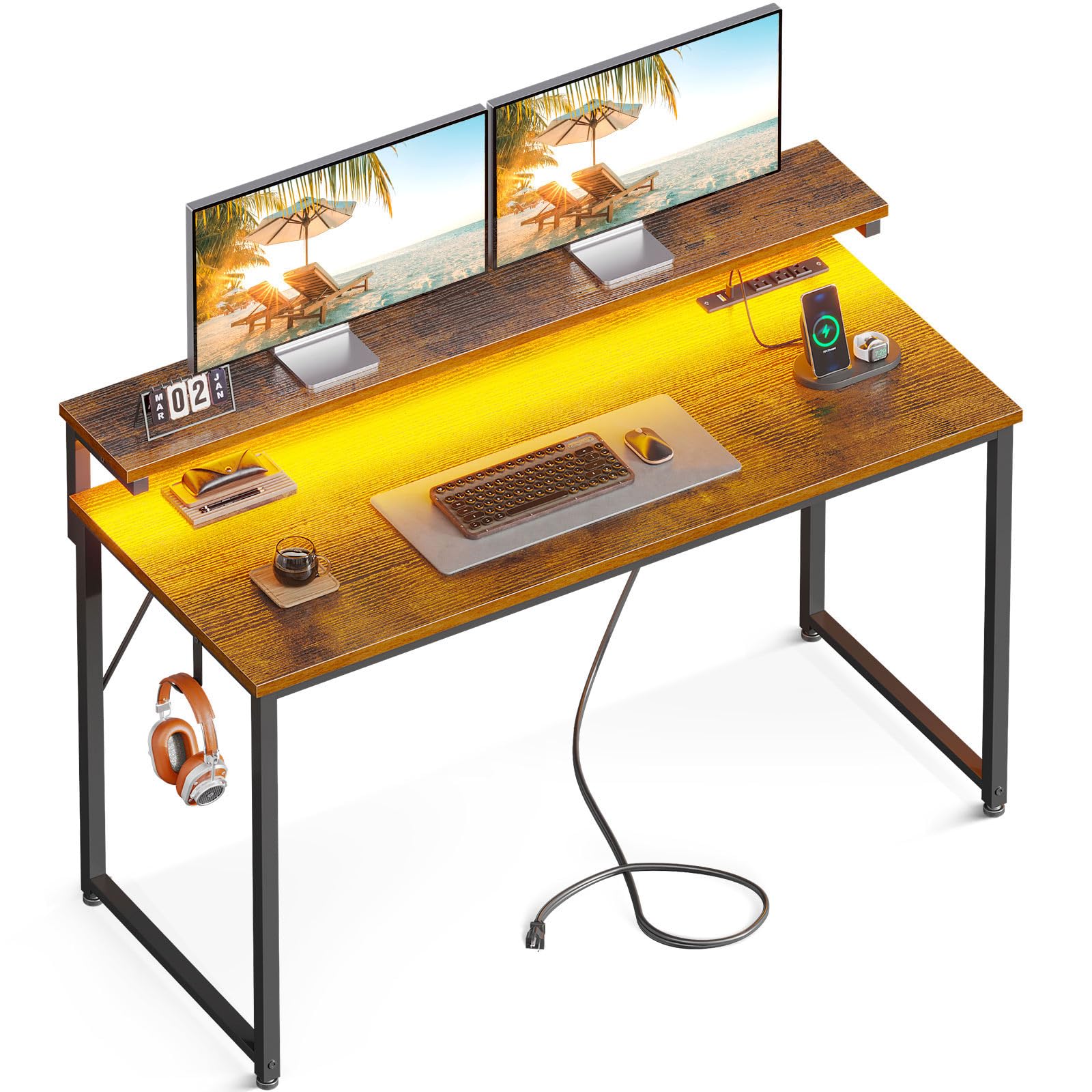 AODK Computer Desk, 48 Inch Gaming Desk with LED Lights and Power Outlet, Office Desk with Adjustable Monitor Shelf (3 Heights), Computer Table Work Desk for Home/Bedroom, Rustic Brown