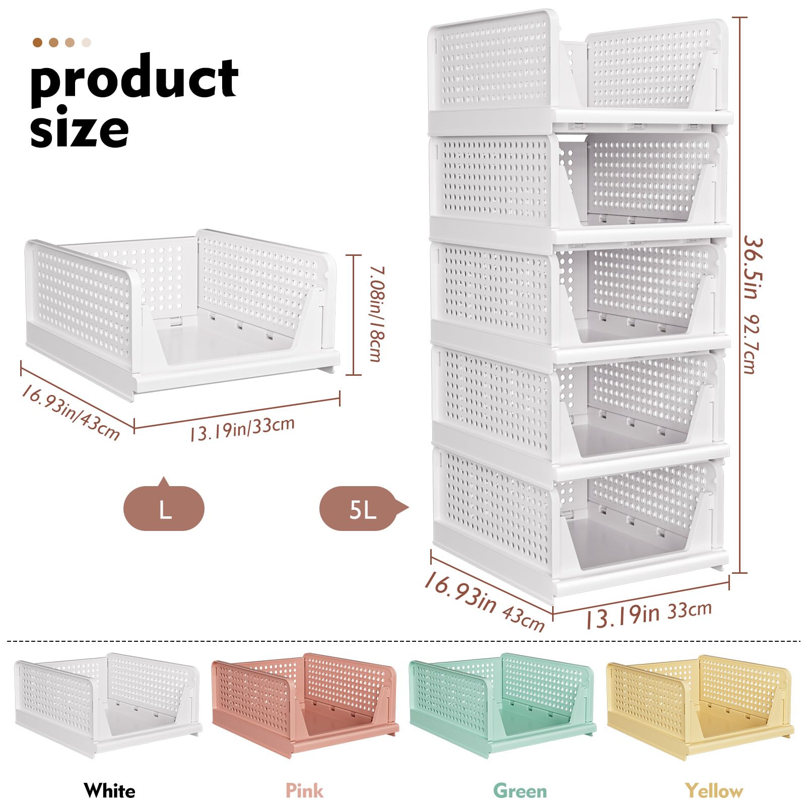 SNSLXH 5 Pack Stackable Closet Organizer Box, Multifunctional & Foldable Closet Storage Basket for Bathroom Kitchen Laundry Room Wardrobe Storage, Space-Saving Clothes Storage Drawer Organizer, White