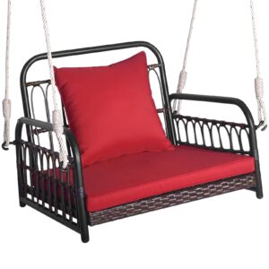 happygrill hanging porch swing, single person outdoor hanging seat w/back cushion & seat cushion, ropes, porch pe wicker swing, perfect for garden, deck, 400 lbs capacity