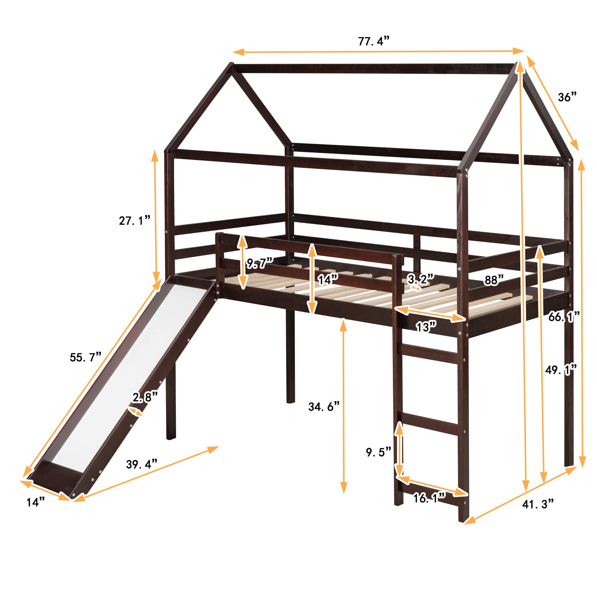 Harper & Bright Designs Twin Size Loft Bed with Slide, House Loft Bed with Slide, Solid Wood Bed Frame for Kids Girls & Boys, Espresso