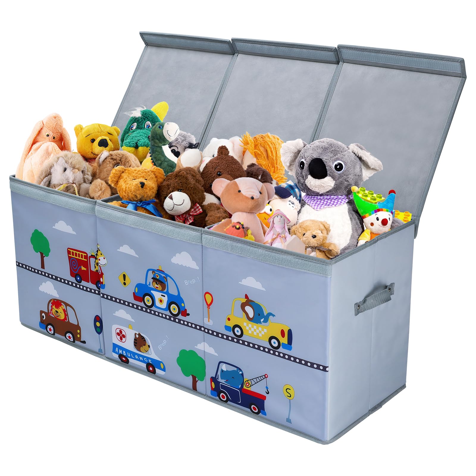 Extra Large Toy Box Chest with Flip Lid for Kids, Collapsible Oxford Toy Storage Box with Handles for Boys, Sturdy Waterproof Toy Box for Bedroom Playroom, 37.7×12.5×15.7 Inch (Animal Cars)