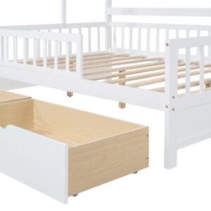 Merax Full Size House Bed with Drawers, Wooden Full Size Platform Bed Frame with Storage Shelf, No Box Spring Needed, White