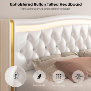 HIFIT Queen Smart LED Platform Bed Frame with 4 Storage Drawers, Crystal Button-Tufted & Stainless Gold Trim Wingback Headboard/Modern PU Upholstered White /No Box Spring Needed/Easy Assembly