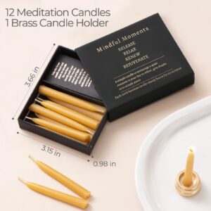 Mindful Meditation Candle Set with Mini Taper Candles - Prayer Candles with Taper Candle Holder, Relaxation Gifts for Women Stress, Serenity Prayer Gifts - 12 Beeswax Mini Yellow Candles with Holder