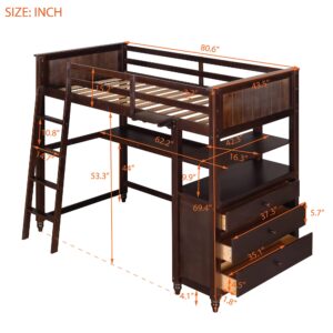 Bellemave Twin Loft Bed with Desk and Storage Drawers, Wood Loft Bed Frame with Dresser and Ladder for Kids Adults Boys Girls Teens, Espresso