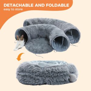 PAWZ Road Large Cat Tunnel, Cat Tunnel Bed with Central Soft Mat and Dangling Balls, Collapsible Fluffy Plush Cat Tube (9.8 Inches in Diameter) for Indoor Cats, Rabbits and Puppies