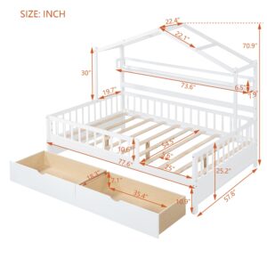 Merax Full Size House Bed with Drawers, Wooden Full Size Platform Bed Frame with Storage Shelf, No Box Spring Needed, White