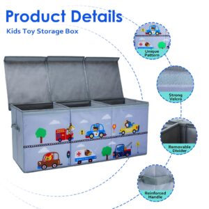 Extra Large Toy Box Chest with Flip Lid for Kids, Collapsible Oxford Toy Storage Box with Handles for Boys, Sturdy Waterproof Toy Box for Bedroom Playroom, 37.7×12.5×15.7 Inch (Animal Cars)