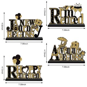 4Pcs Happy Retirment Party Decorations Wooden Table Sign, Black Gold Going Away Wooden Table Centerpieces Party Supplies, Retired Theme Farewell Goodbye Party Table Decor