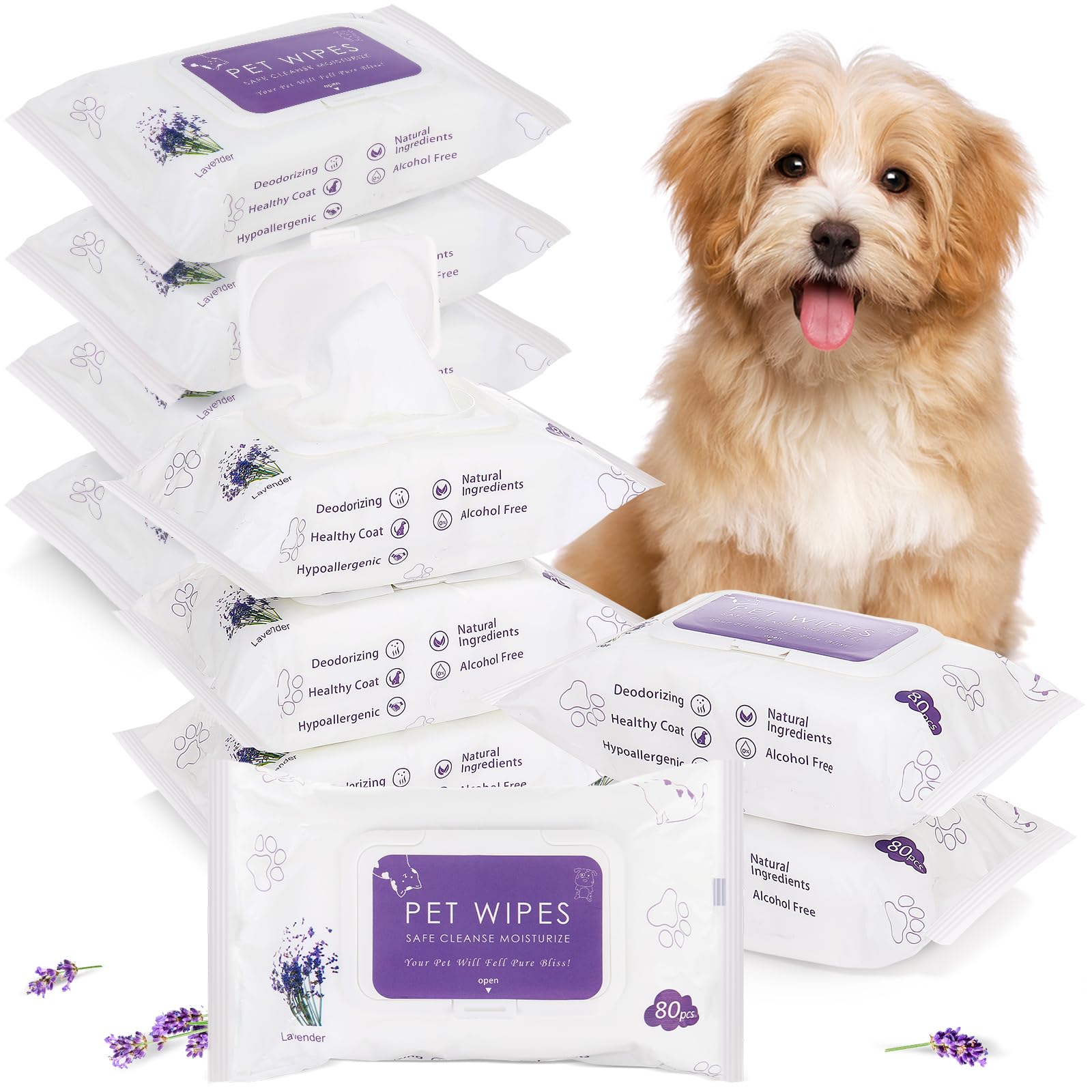 Treela 10 Packs of 800 Dog Wipes Pet Wipes Cat Grooming Supplies for Paws, Butt, Ear, Skin, Eye, Body Cleaning Bath Stain Odor Remover, Home or Travel Use(Lavender)