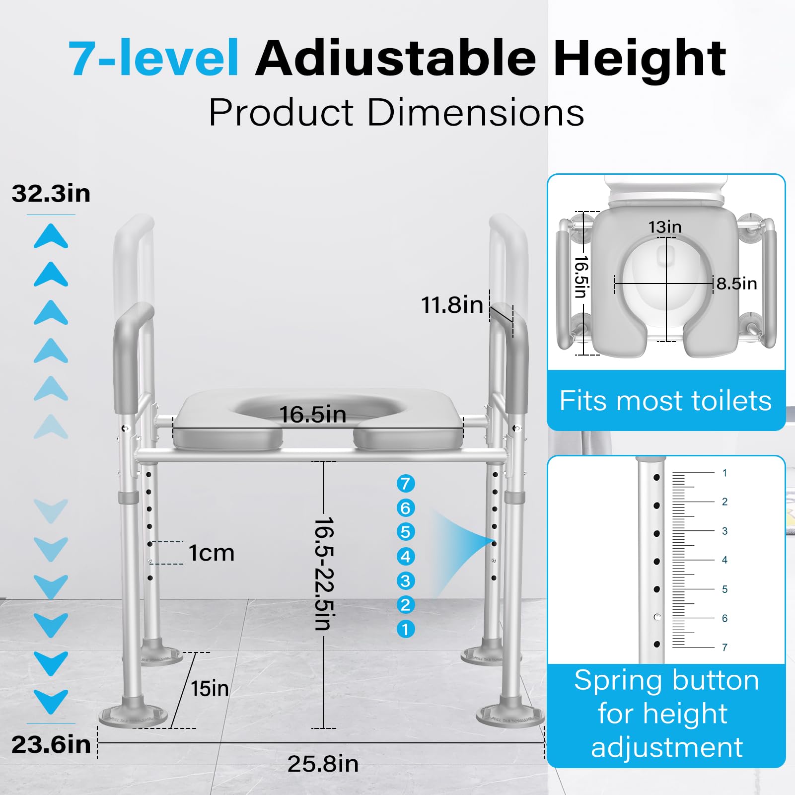 Raised Toilet Seat with Handles, 350lbs 7 Adjustable Height Elevated Toilet Seat Riser with Cozy Padded, Toilet Safety Frame Toilet Helper for Seniors, Handicap, Pregnant, Fit Any Toilet