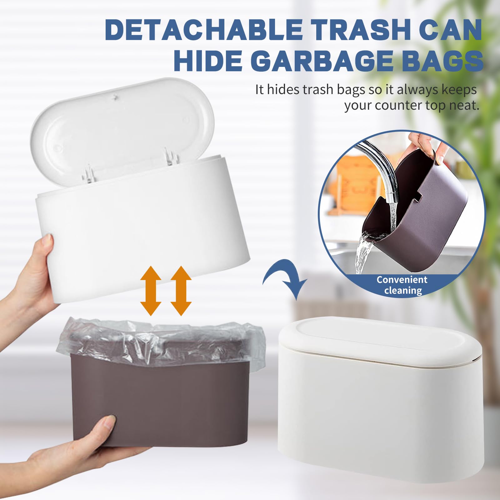 Mini Trash Can with Lid - Removable Small Garbage Can, Tiny Plastic Trash Bin, Pop Up Countertop Wastebasket, Counter Garbage Lint Bin for Bathroom,Office,Kitchen,Desk,Coffee Table(White)