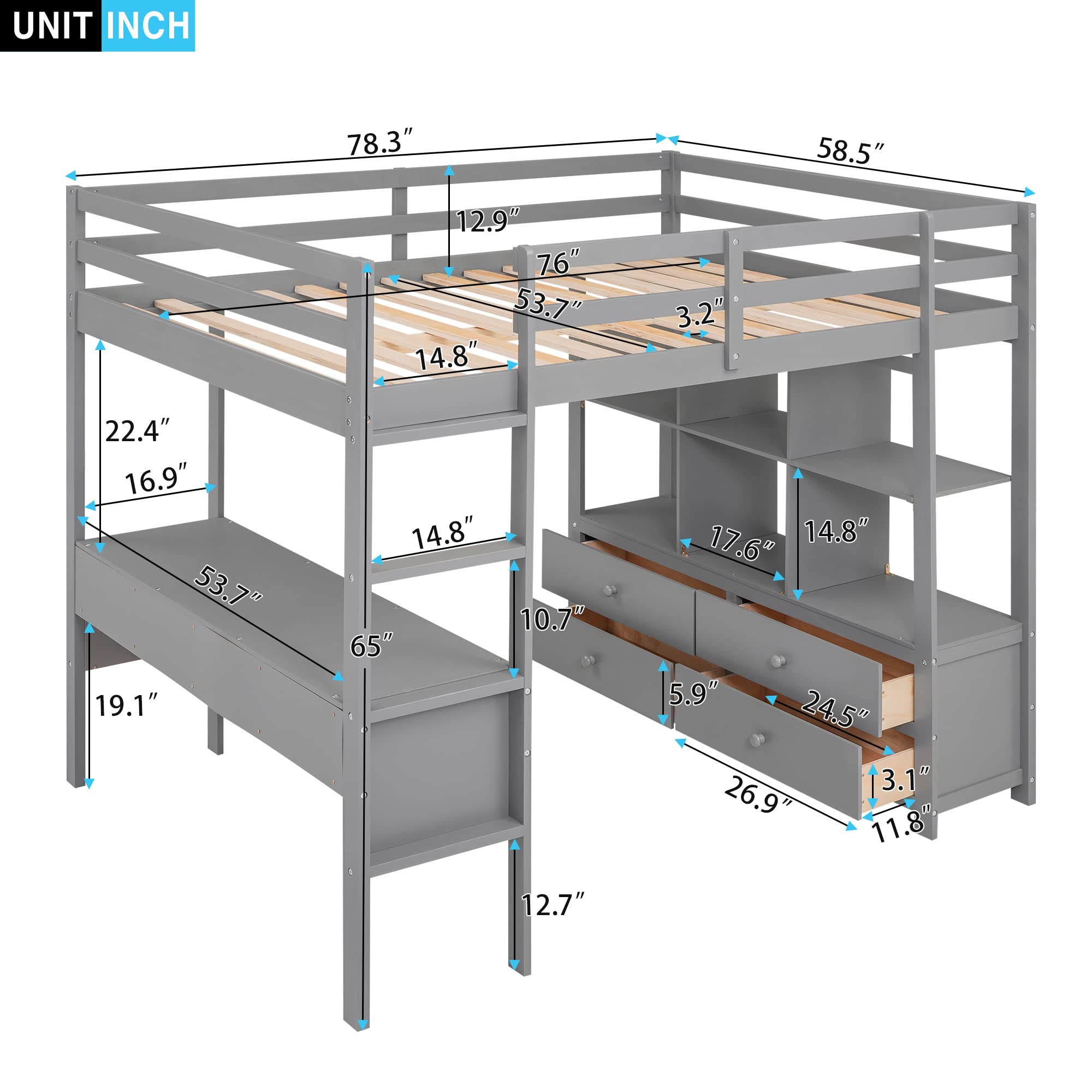 Full Size Loft Bed with Desk and Storage Drawers, Wood Loft Beds Frame with Bookcase and Shelves for Dorm Bedroom, High Loft Bed for Kids Adults Boys Girls Teens, Gray